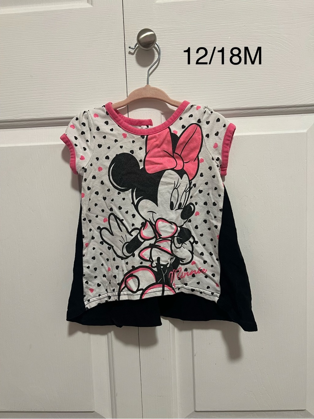Disney Minnie Mouse White, Pink & Black Short Sleeve Tee